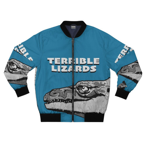 Prehistoric Dinosaur Bomber Jacket with Megalosaurus and Cockrel Motifs